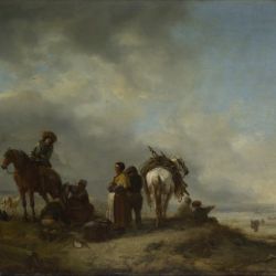 A View on a Seashore with Fishwives offering Fish to a Horseman